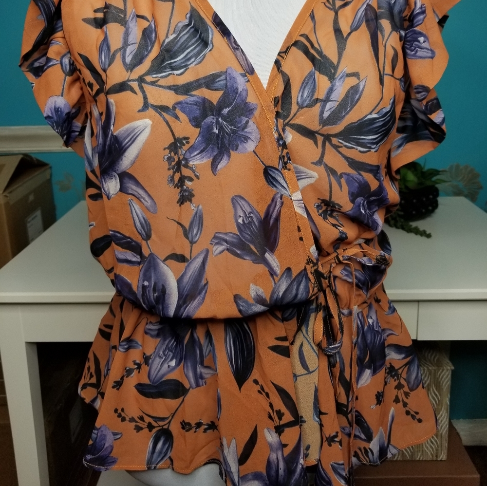 Wayward Fancies Wrap Blouse Orange Blue Floral - Picture 11 of 13